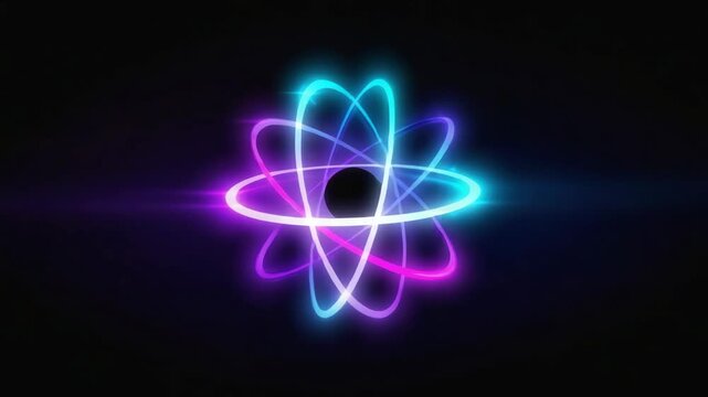 Colorful neon light streaks forming an atom with rotating electrons and light flares on a dark background, illustrating concepts of nuclear physics and quantum mechanics