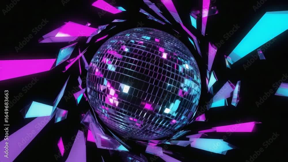 Poster pink and blue shards exploding from a disco ball create a vibrant and dynamic scene against a black 