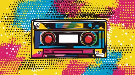 Fototapeta premium A vibrant retro cassette tape stands out against a playful backdrop of bold colors and patterns