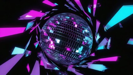 Pink and blue shards exploding from a disco ball create a vibrant and dynamic scene against a black background, perfect for representing music, parties, and nightlife