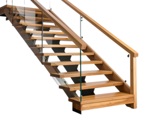  “Minimalist Floating Staircase with Glass Railings, isolated on transparent background”.