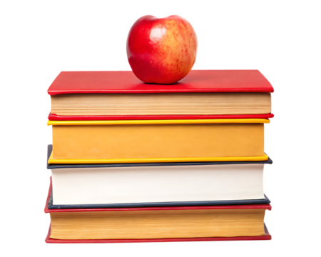 Red apple on stacked books isolated on a transparent background