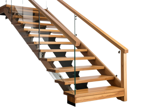  “Minimalist Floating Staircase with Glass Railings, isolated on transparent background”.