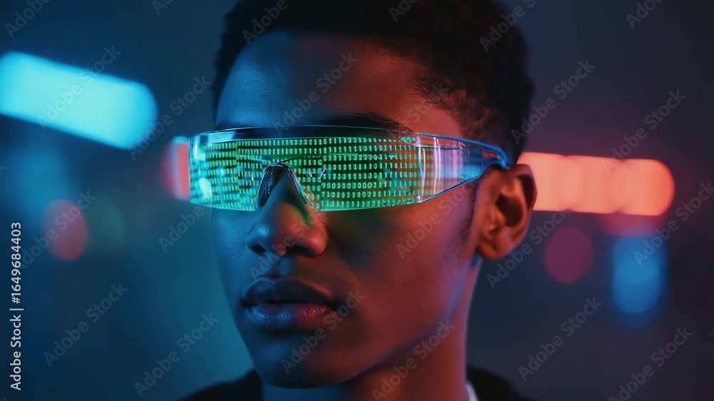 Poster software developer wearing futuristic led glasses with code scrolling across the lenses, illuminated