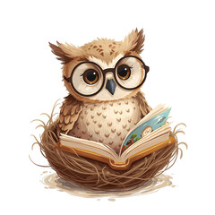 Cute Nerdy Owl Reading a Book in Nest Transparent PNG Clipart