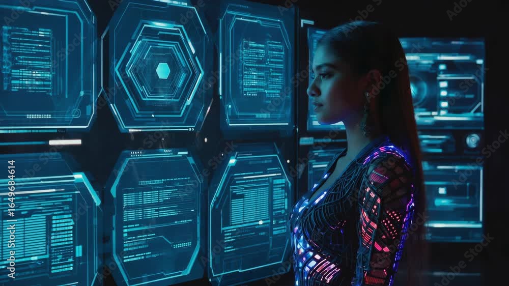 Poster young woman computer engineer wearing a futuristic glowing dress is working with a complex user inte