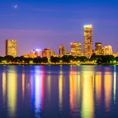 Naklejka premium City skyline at night reflected in water (1)