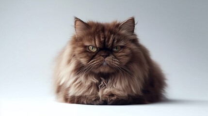 A fluffy brown Persian cat with green eyes sits calmly against a white background