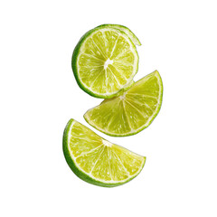 Three lime slices, vibrant green, overlapping in mid-air against a black background. Fresh, juicy fruit slices display intricate detail of the lime's texture