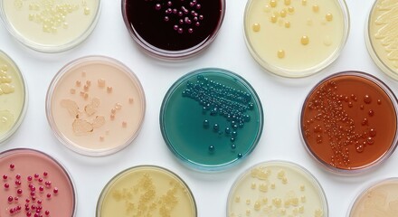 Colorful petri dishes displaying bacterial colonies offer a vibrant glimpse into medical research and microbiology, perfect for science and health related projects