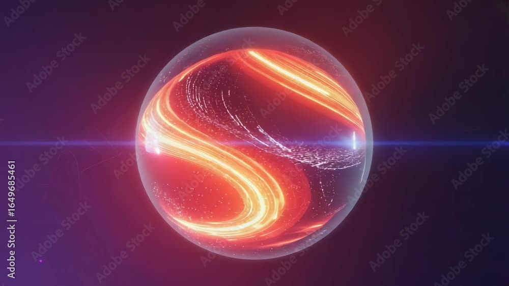Poster multiple bright orange light trails are flowing and swirling around a transparent sphere in dark spa