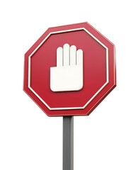 Obraz premium Red octagonal stop sign with white hand symbol isolated on a transparent background