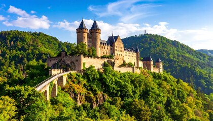 Majestic medieval castle perched atop a lush hillside.