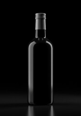 A professional, low-key studio shot of a blank, black wine bottle with a matte cap on a dark, reflective surface