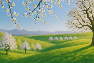 Obraz premium Blühende Kirschbäume an wolkenlosem Tag im Abendlicht 