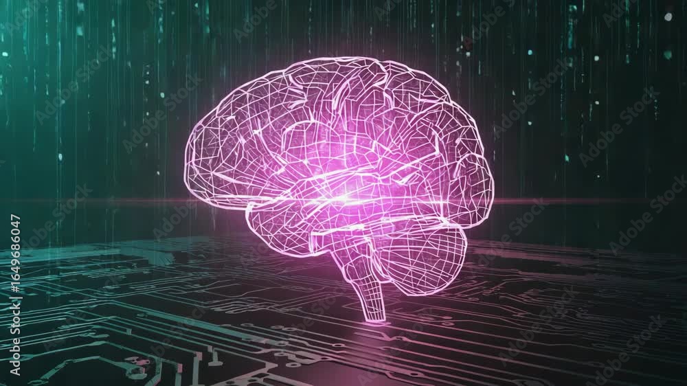 Poster pink artificial intelligence digital brain glowing over a circuit board with binary code rain repres