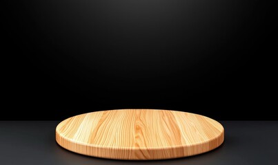 Round, light wood platform on dark surface, backed by pure black. Simple spotlight effect for product placement or presentation. Minimalist scene