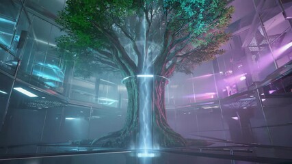 Large magical tree with glowing blue and pink lights growing inside futuristic glass building with neon lights at night, creating a mystical and enchanting atmosphere - Powered by Adobe