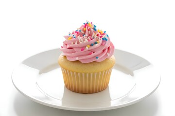 Colorful Cupcake with Icing and Sprinkles on White Background 