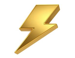 Shiny 3D Gold Lightning Bolt Icon, Front View, Isolated on Transparent Background