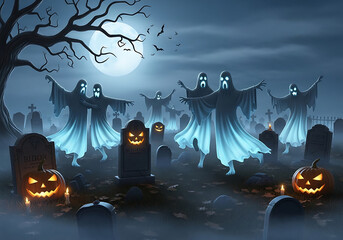 Spooky halloween night scene with ghosts in a graveyard under a full moon and bats flying around