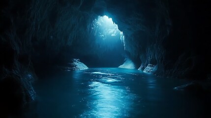 Mysterious cave interior with a tranquil blue water pool illuminated by natural light photo