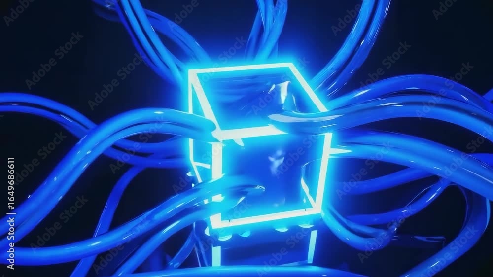 Aufkleber multiple blue cables are wrapping around a glowing cube emitting a bright neon light, creating a cap