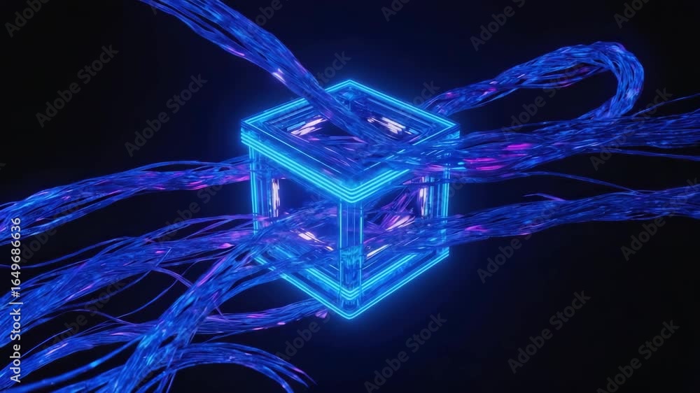 Poster multiple glowing blue wires are wrapping around a neon cube with a pink core, creating a futuristic 