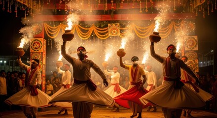 Performers with flaming pots celebrate a cultural festival at night