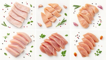 6 image of different slices of raw chicken meat