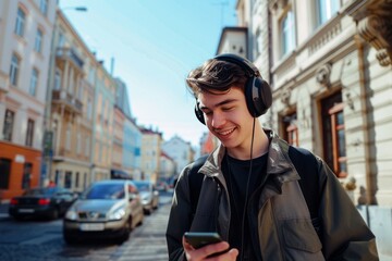Obraz premium Young Listener on Historic Street