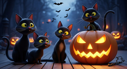 Cartoon halloween scene with black cats pumpkins and bats against a dark blue background