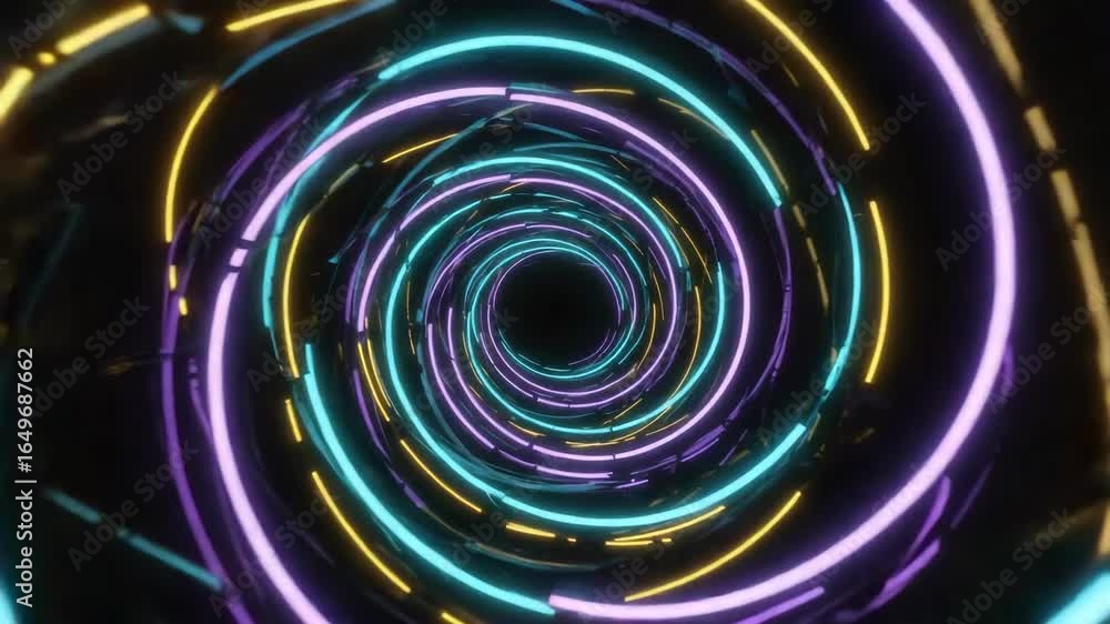 Poster bright neon circles swirling into a mesmerizing spiral tunnel create a vibrant vortex of light and c