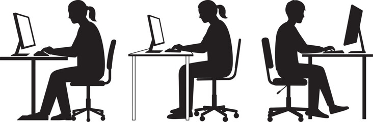 Three women in silhouette working on computers at desks in a row silhouette