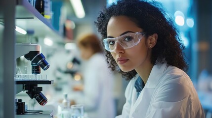 Young Scientist in Laboratory with Microscopes