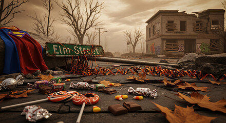 A halloween scene with elm street sign superman cape and candy on a desolate street with ruined building