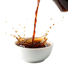 Dark coffee pouring into a white bowl with splash isolated on transparent background