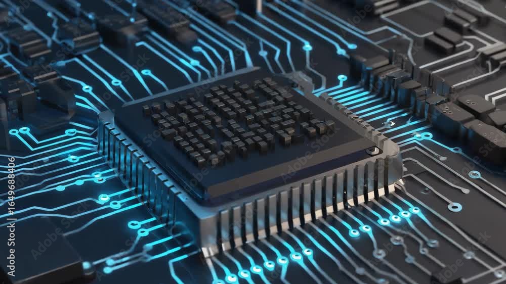 Poster modern central processing unit performing complex calculations on a circuit board with illuminated p