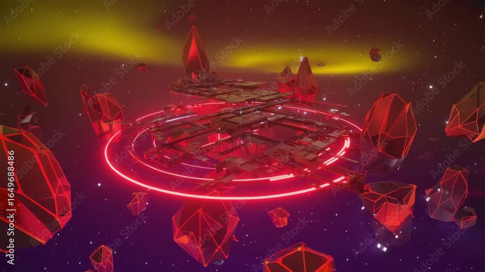 Poster glowing red rings surround a futuristic space station orbiting in deep space near a red planet with 