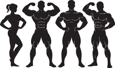 Silhouettes of fit male and female bodybuilders flexing muscles on white background fitness woman