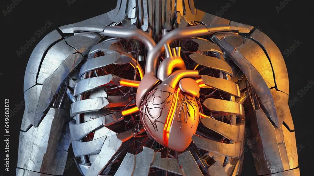 Poster complex network of metallic components and glowing energy conduits powering artificial heart within 