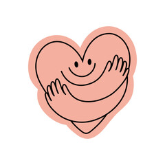 Vector logo design template and graphic element for advertising, branding, heart shape and love, funny cartoon illustrations with smiling character, valentine day mascot, self care concept