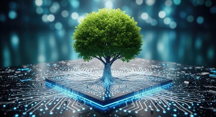 Green tree growing from circuit board technology digital