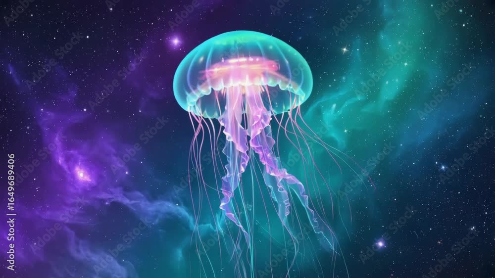 Poster glowing jellyfish with long tentacles floating in vibrant nebula clouds. creating a surreal and othe