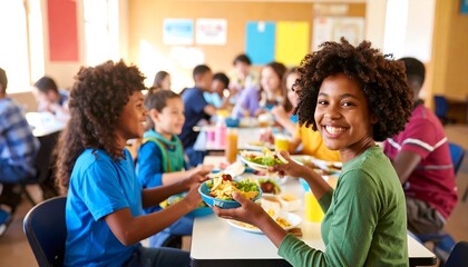 Students enjoying a school lunch in a cheerful classroom.