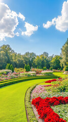Fototapeta premium Lush vibrant garden path meanders through colorful flower beds. Bright blue sky with fluffy clouds over a beautiful park landscape.