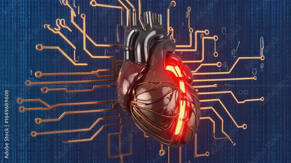 Poster artificial heart glowing red and connected to copper circuit board with binary code running in backg