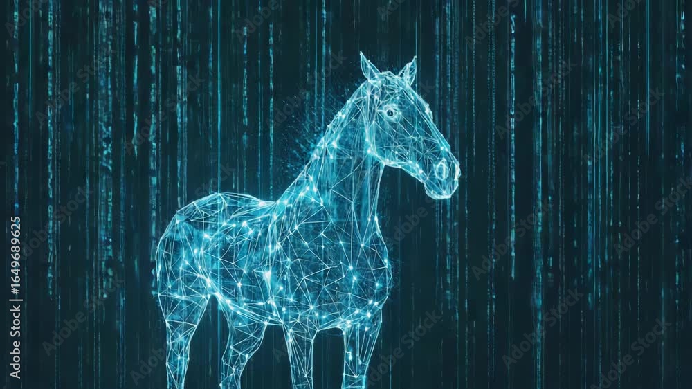 Poster glowing polygonal horse emerging from a stream of binary code symbolizes digitalization, artificial 