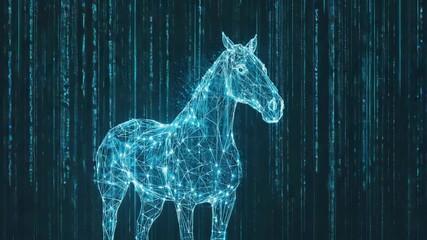 Glowing polygonal horse emerging from a stream of binary code symbolizes digitalization, artificial intelligence, and the fusion of technology with nature - Powered by Adobe