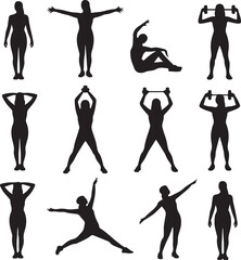 Collection of female silhouettes engaged in diverse fitness exercises and poses woman workout